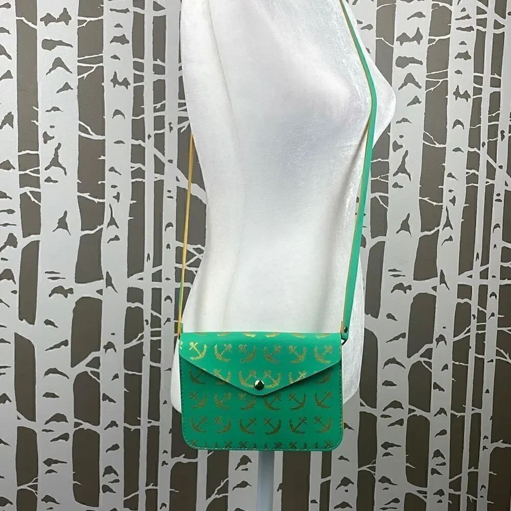 Bright Green Metallic Gold Anchor Print Coated Fabric Crossbody Bag